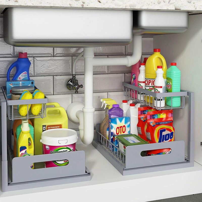 REALINN Under Sink Organizer, Pull Out Cabinet Organizer 2 Tier Slide Out Sink Shelf Cabinet Storage Shelves, Storage for Kitchen Bathroom, Grey, 2 Pack - Image 1